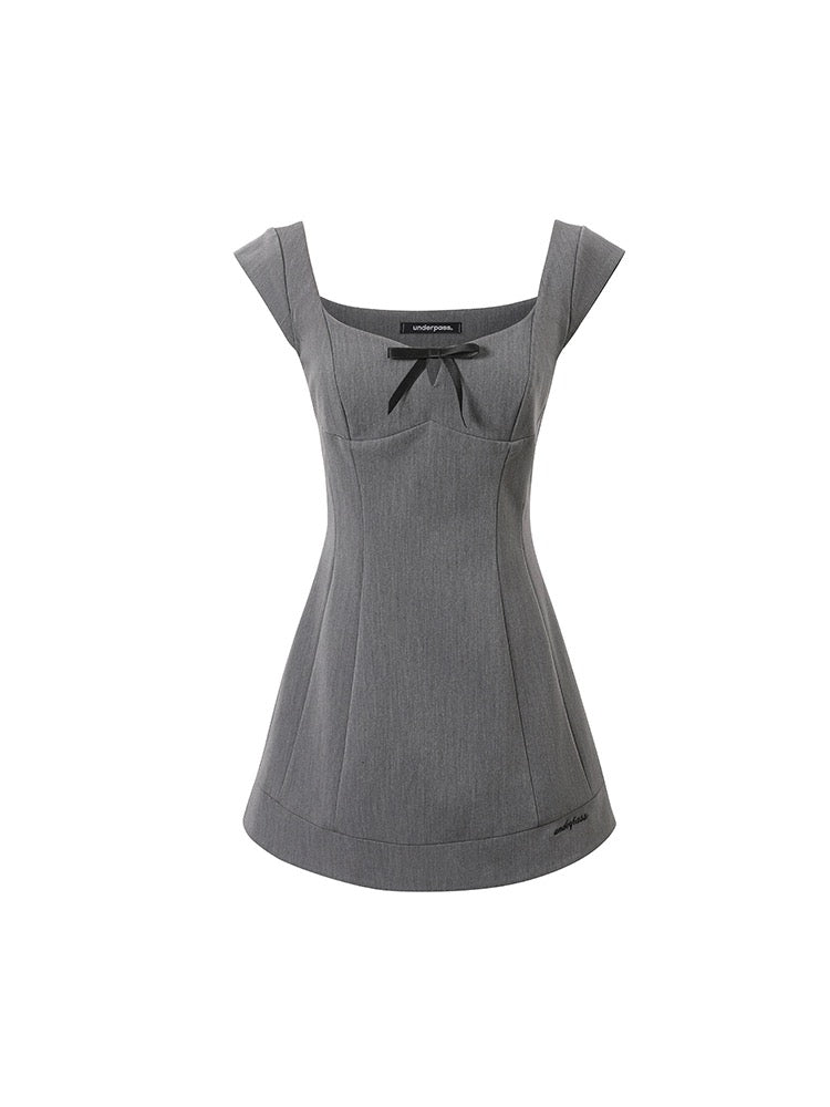 Underpass original design French grey bowknot U-neck sleeveless waist sweet A-line dress for women