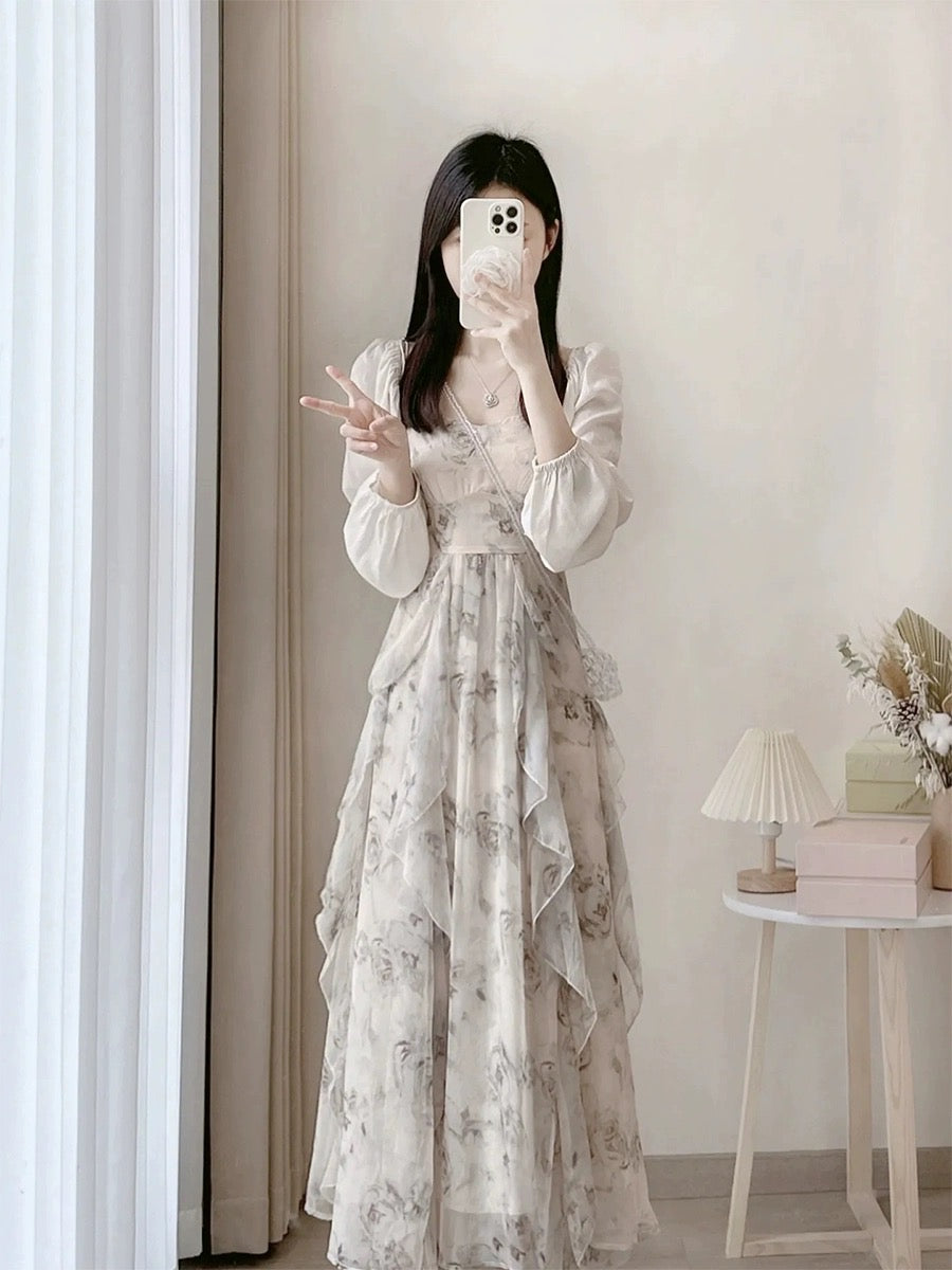 Skirt Women's Summer French Ink Floral Suspender Dress High-Quality Seaside Resort Style Beach Long Skirt