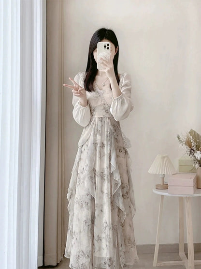 Skirt Women's Summer French Ink Floral Suspender Dress High-Quality Seaside Resort Style Beach Long Skirt