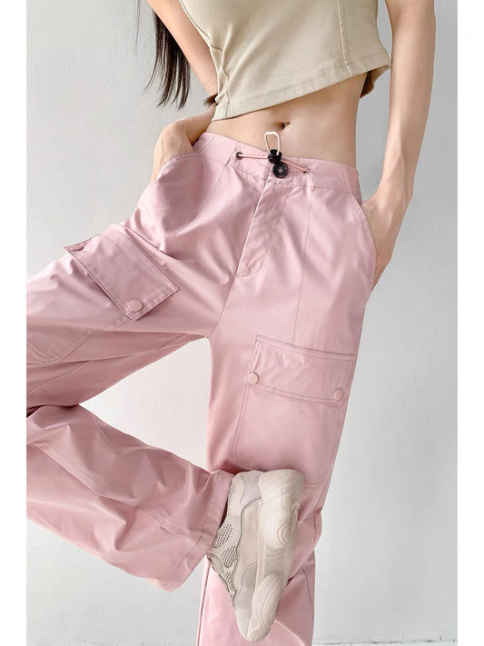Yuppie hotties walking the streets low-waist drawstring pink overalls for women ins trendy loose American leg-tie straight wide-leg pants
