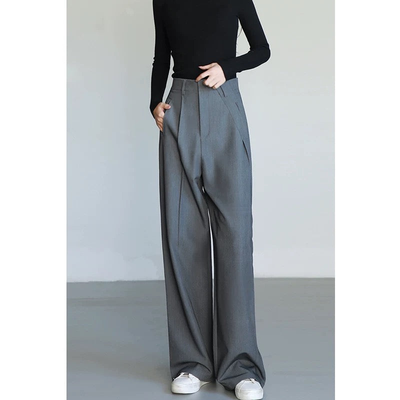 YUYUYAN autumn and winter design suit wide-leg pants women's high-waist drape old money style straight floor-length trousers gray