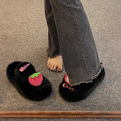 Cute Cartoon Strawberry Bear Furry Slippers for Women's Outerwear 2023 Autumn New Ins Trendy Versatile Home Flop (S0712)