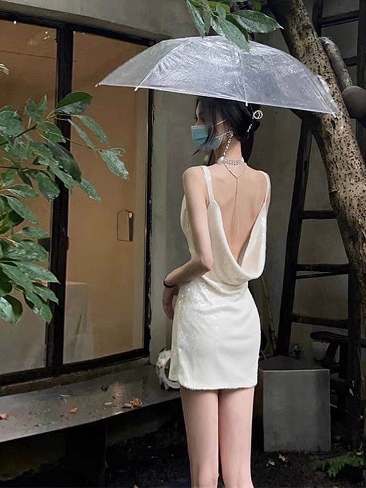 French birthday party dress skirt high-end light luxury niche celebrities sequins halter strap dress female summer