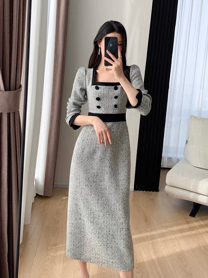 FT GUOGE small fragrant dress for women 2023 autumn new long-sleeved French retro slim square neck long skirt