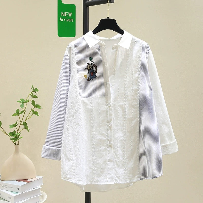 Design blue striped white shirt for women 2024 spring and autumn new style literary loose age-reducing shirt tops