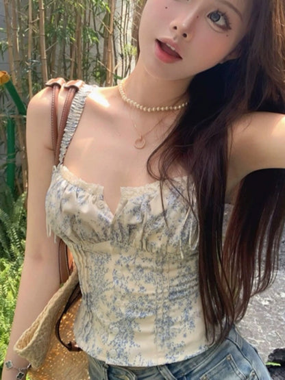 Sansanjia camisole hot girl slim fit short temperament women's top autumn bottoming shirt floral chic