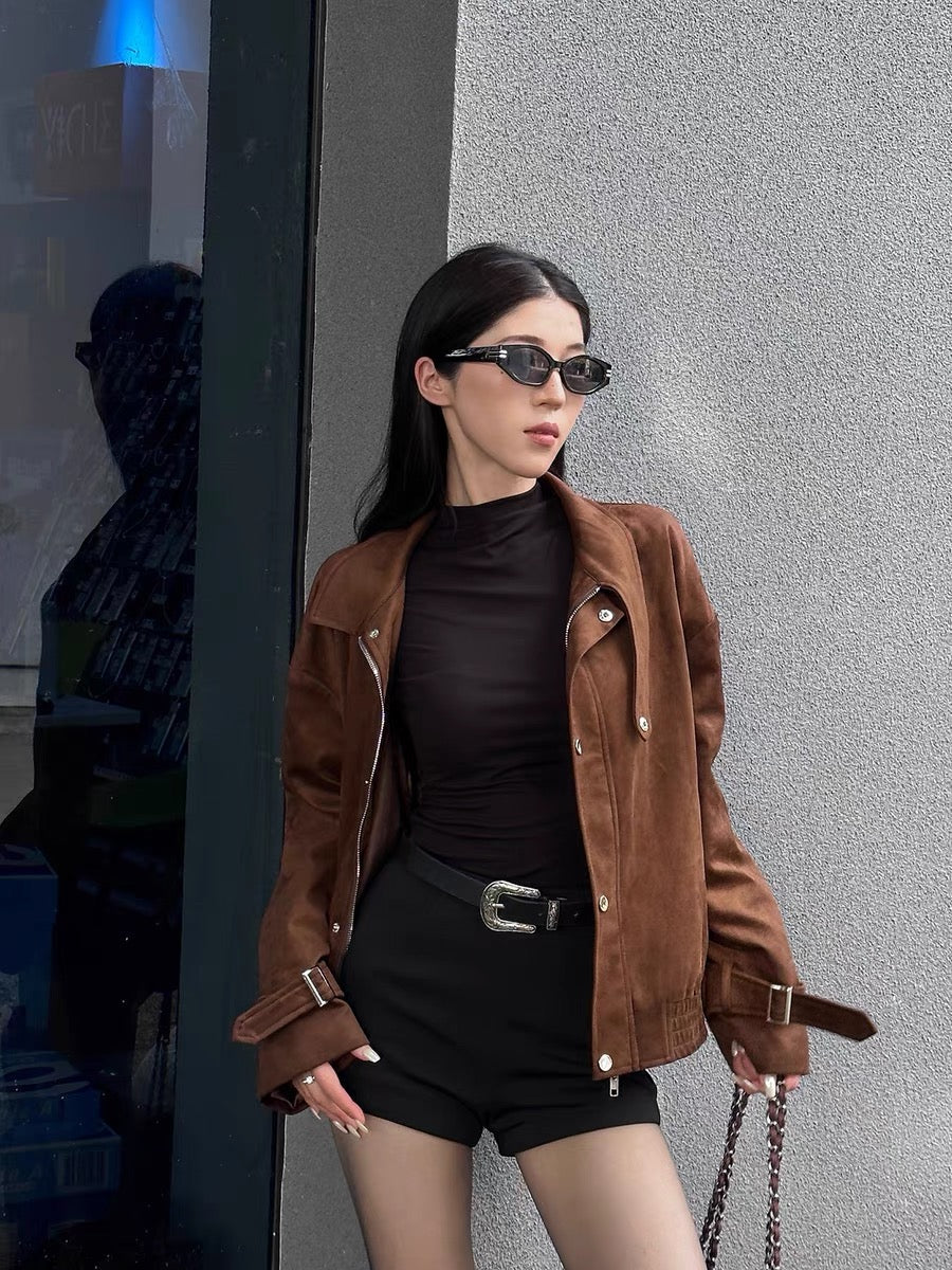 [Brother Luo] American retro loose casual jacket for women 2023 autumn and winter new dark brown short suede jacket (A9985)
