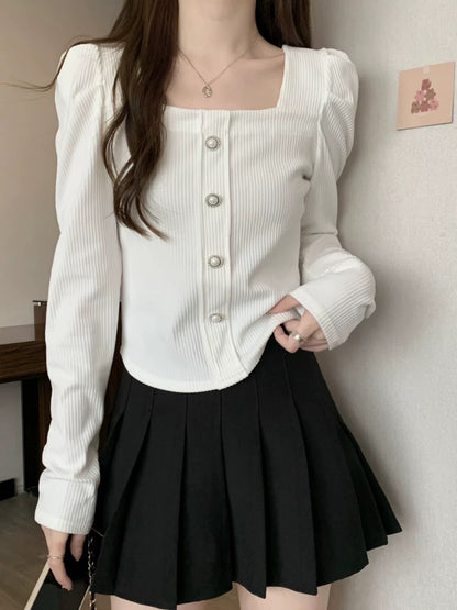 Square collar knitted bottoming shirt for women in autumn, large size fat mm slimming loose loose French style irregular top