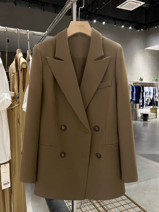 Coffee color British style suit jacket women's spring and autumn 2023 new light luxury front shoulder gun lapel European suit jacket