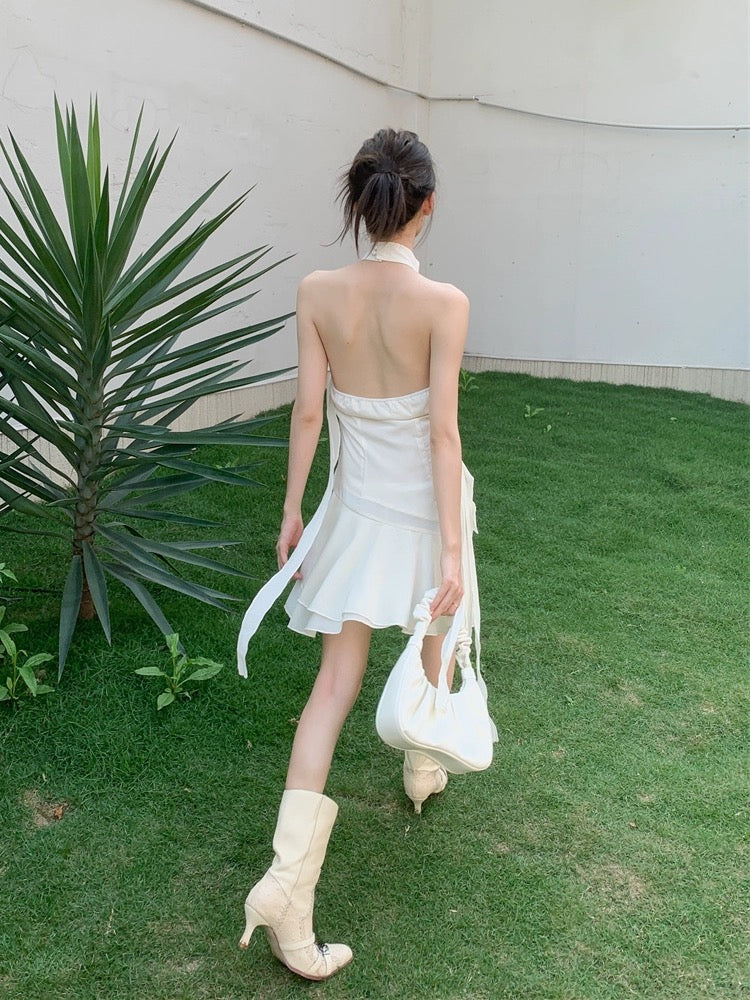 MOXI niche design advanced simple romantic rose beige ribbon summer halter neck pure desire streamer fairy dress