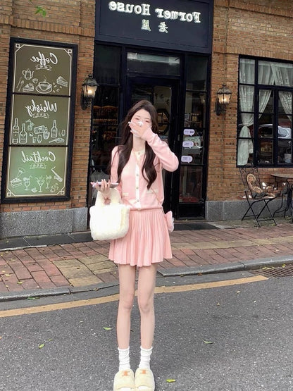 Autumn wear a complete set of pink milk sweater cardigan pleated skirt suit female niche gentle temperament two-piece set