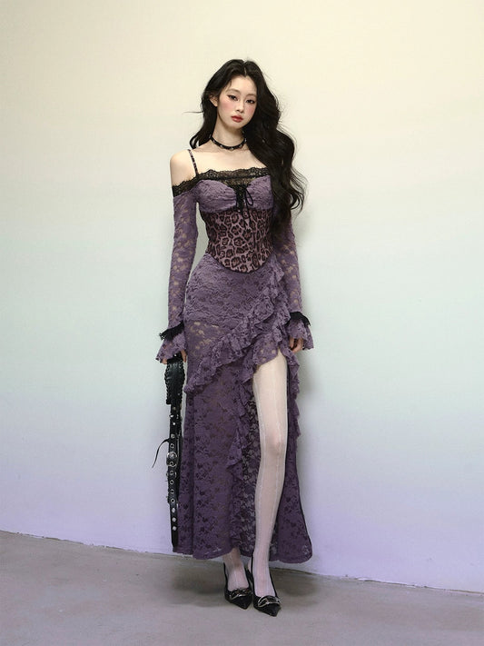 Shaoyeyan Oriental Purple Kite One-shoulder high-grade lace leopard print dress female autumn and winter sexy suspender long dress