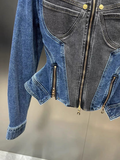 Yuzu MM2023 autumn round neck long-sleeved pocket splicing multi-zipper waist ruffled denim jacket with color contrast