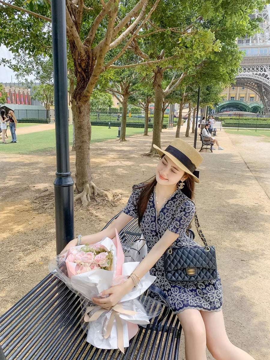 Fish Rabbit Rabbit French Dress Female 2023 New V-neck Hollow Embroidery Retro Puff Sleeve A-line Dress Female