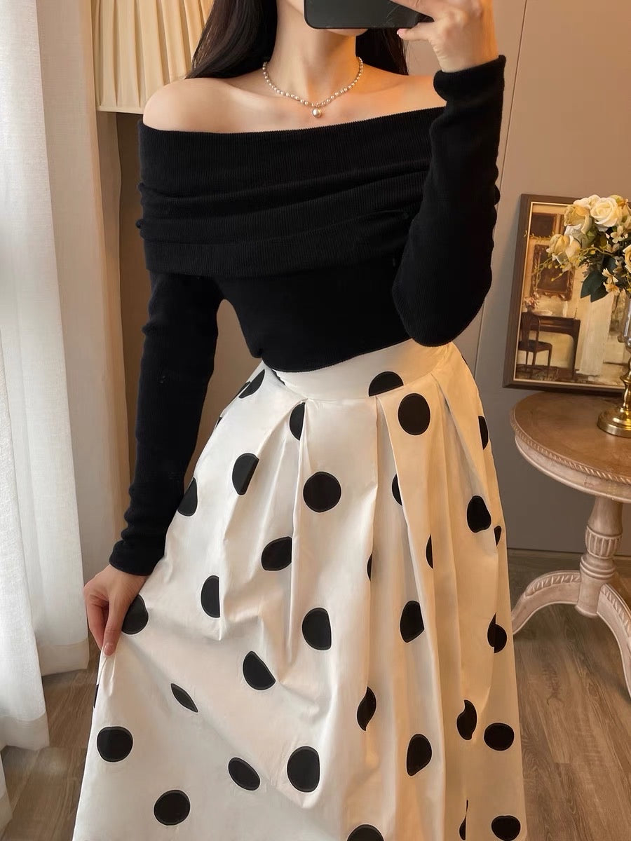 French retro Hepburn style two-piece suit female 2023 autumn new slim black one-shoulder dress female
