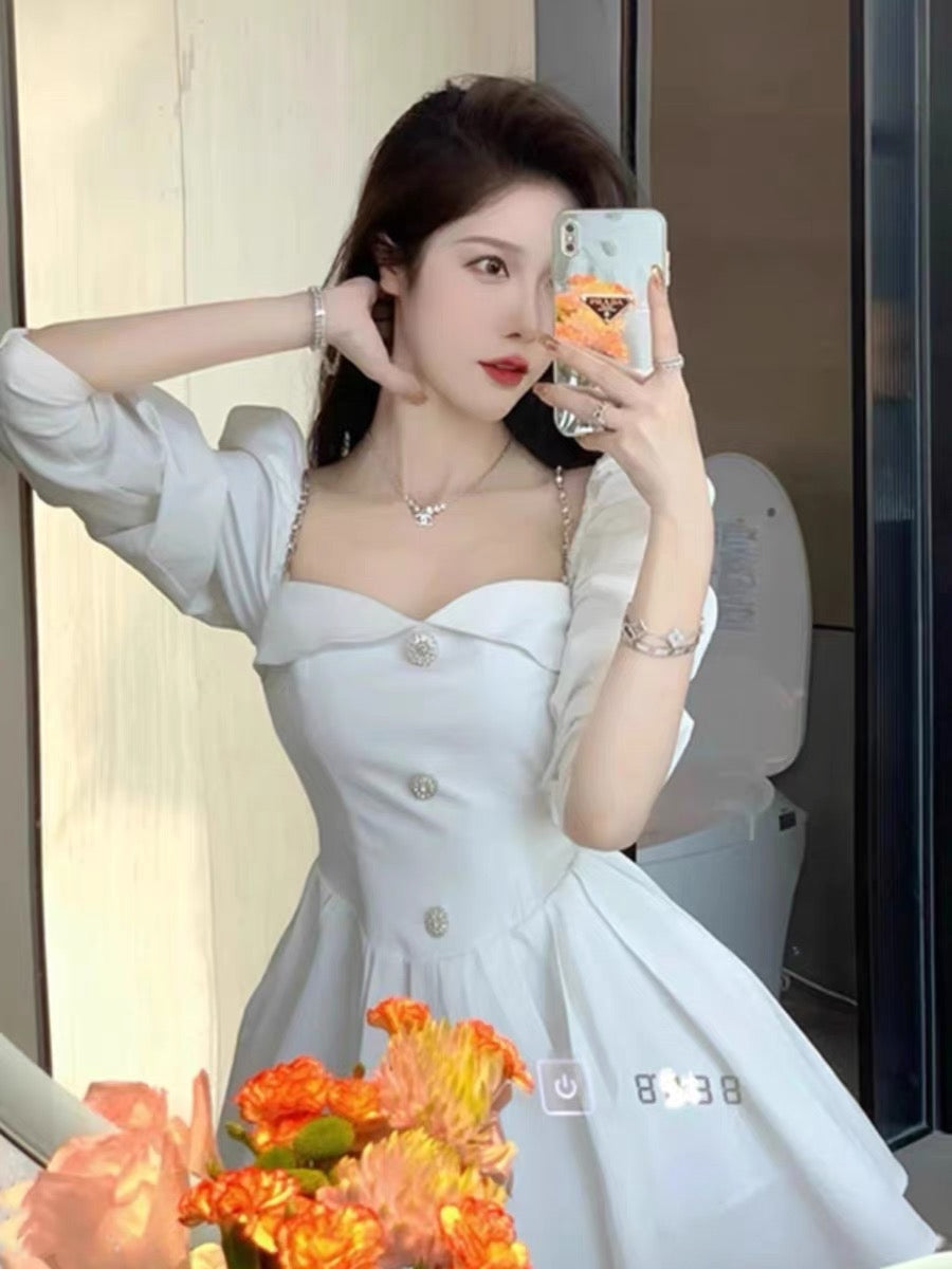 Tea break milk sweet waist dress first love one-shoulder pure desire moonlight white slimming celebrity sweet short tutu skirt (D018)