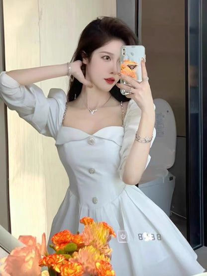 Tea break milk sweet waist dress first love one-shoulder pure desire moonlight white slimming celebrity sweet short tutu skirt (D018)