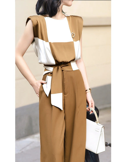 Feijie customized high-end suit 2024 spring and summer new temperament sleeveless top high-waisted wide-leg pants two-piece set