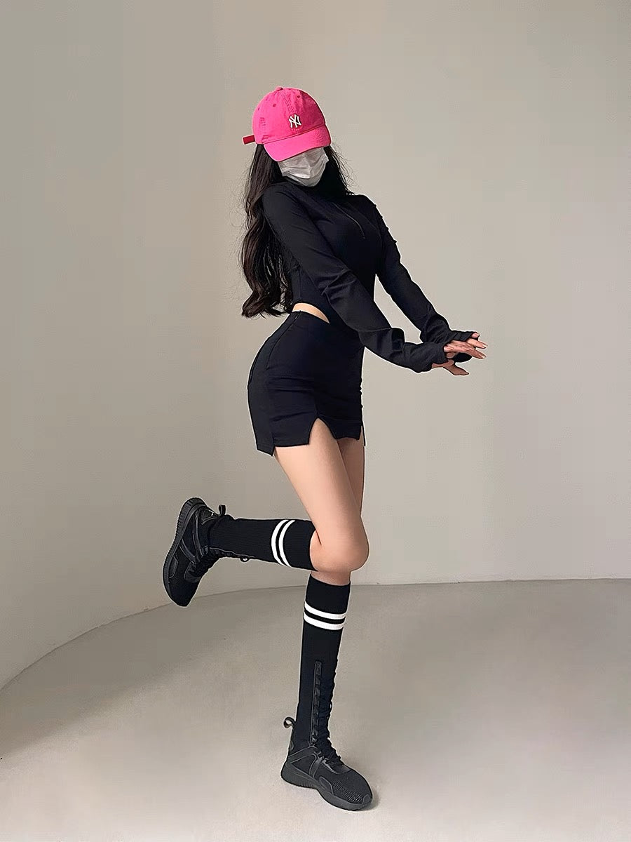 YoungGirlDay hot girl sexy zipper lapel long-sleeved bottoming jumpsuit anti-exposure hip-hugging short skirt suit (B1817)