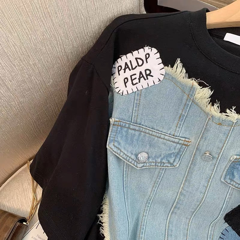 Short-sleeved women's 2023 new summer style irregular denim splicing slimming slim temperament mid-length top ins trend