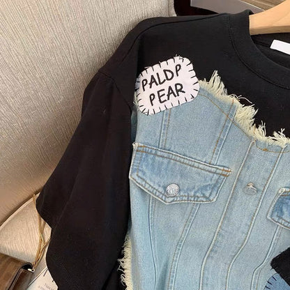 Short-sleeved women's 2023 new summer style irregular denim splicing slimming slim temperament mid-length top ins trend