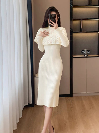 New winter women's fashion temperament, gentle and sweet first love, foreign style girl's slim long skirt, shawl knitted dress