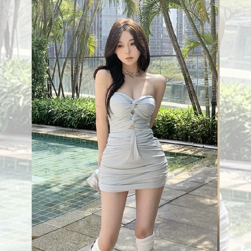 Strong gas field women's clothing 2023 new tea break French kink sleeveless tube top dress bag hip short skirt summer