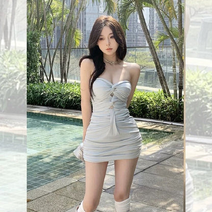 Strong gas field women's clothing 2023 new tea break French kink sleeveless tube top dress bag hip short skirt summer