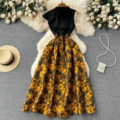New spring design ruffle sleeveless stitching high waist three-dimensional flower embroidery temperament small fresh dress