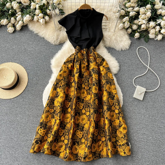 New spring design ruffle sleeveless stitching high waist three-dimensional flower embroidery temperament small fresh dress