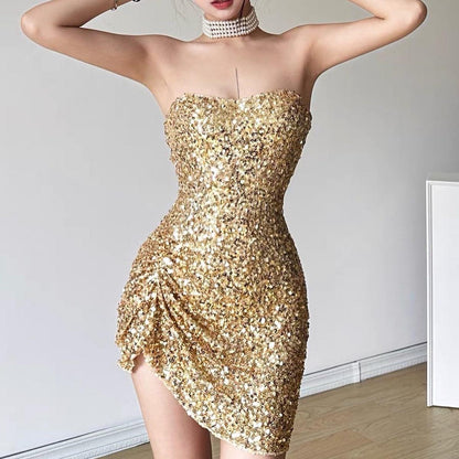 Weird girl, abstinent niche homemade sequined tube top dress with white temperament, slim fit and hip-hugging skirt