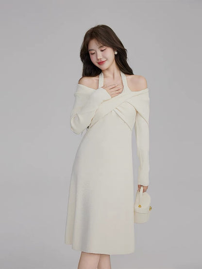 Volstagg white knitted halterneck dress women's autumn French off-shoulder two-wear inner bottoming mid-length skirt