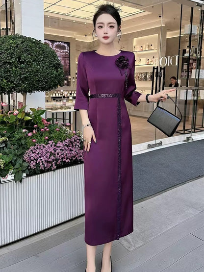 European and American French women's heavy sequin embroidery elegant wedding wedding banquet dress spring autumn winter dress long skirt
