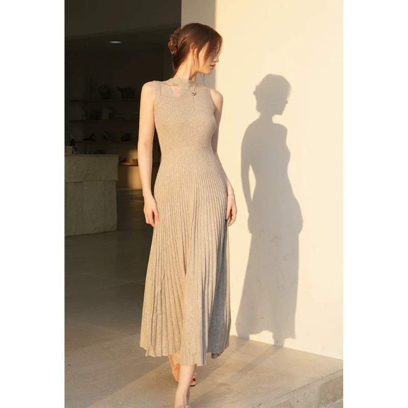 SerioLudere Eggboy is very lazy. Two-color waist slimming inner bottoming knitted skirt pleated long dress D436