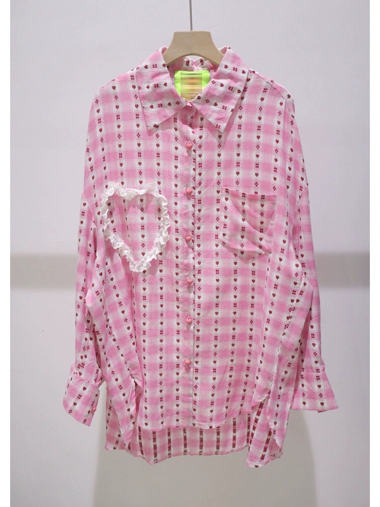 Soft and thin love lace stitching 2024 summer loose medium-length short front and long back plaid long-sleeved cotton shirt for women