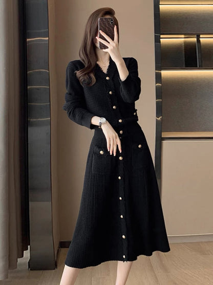 French style small fragrant knitted cardigan skirt suit for women 2023 autumn and winter new style mid-length dress two-piece set D5591