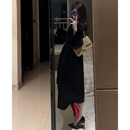 Audrey Hepburn-style black woolen coat, elegant, high-end and super good-looking, waist-cinched suit-style mid-length woolen coat for winter