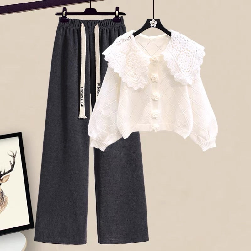 Autumn lazy style doll collar knitted sweater high waist drape floor mopping pants suit 2023 new women's two-piece set