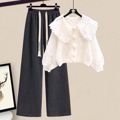 Autumn lazy style doll collar knitted sweater high waist drape floor mopping pants suit 2023 new women's two-piece set