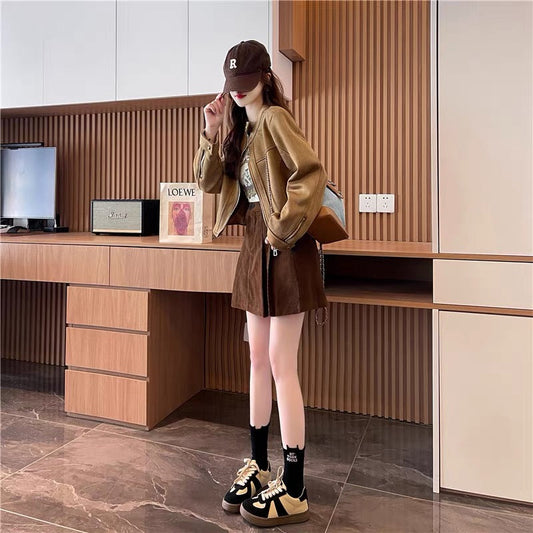 Short Short Motorcycle Leather Jacket for Women 2023 Autumn New Retro Fashion Casual Jacket Top (S0516)