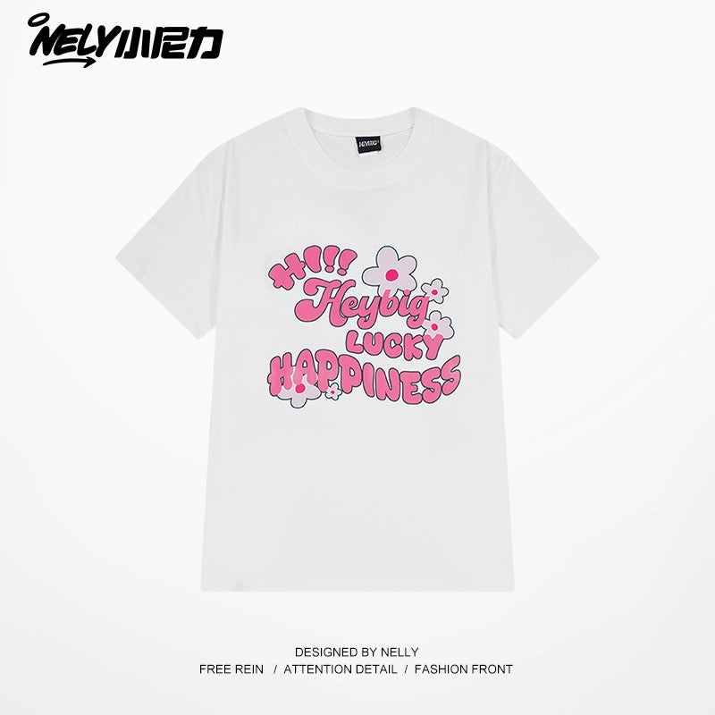 nely Little Nely hand-painted letter flower short-sleeved T-shirt for men and women 2024 new pure cotton loose versatile top trend
