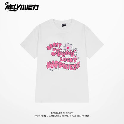 nely Little Nely hand-painted letter flower short-sleeved T-shirt for men and women 2024 new pure cotton loose versatile top trend