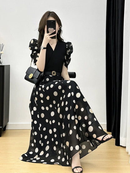 Polka dot dress 2023 summer new high-end temperament women's French retro chiffon mid-length dress for women