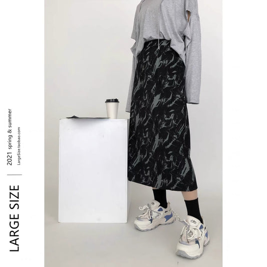 Slightly fat large size tie-dye retro woolen skirt women's A-line skirt fat mm skirt spring high-waisted mid-length pear-shaped skirt A3362