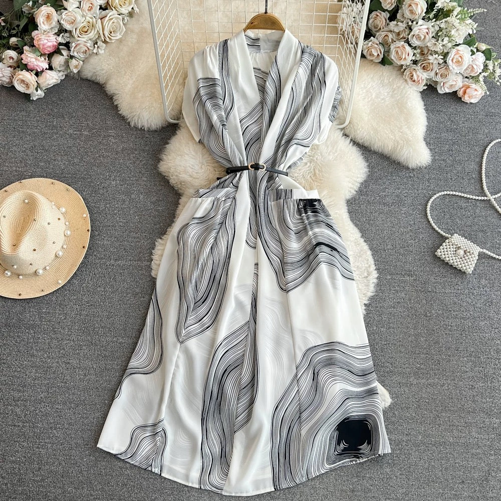 Bohemian seaside holiday beach dress gentle style short-sleeved V-neck waist medium-length A-line plaid dress
