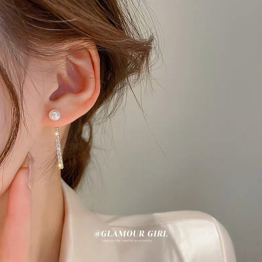 Real gold electroplated silver needle pearl micro-paved zircon earrings fashionable simple earrings temperament retro natural style earrings for women