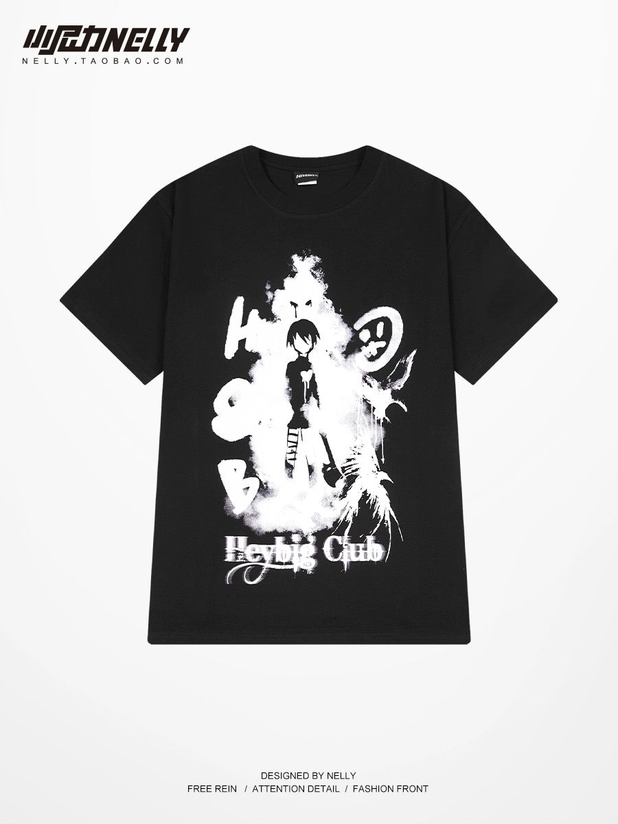 Dark devil girl print short-sleeved T-shirt for men and women oversize heavy cotton American high street style top