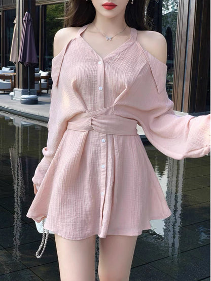 EUSKY IIWAN spring and summer V-neck halter neck off-shoulder pink shirt dress short skirt pure desire petite dress for women (D960)