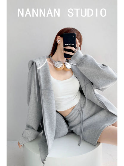 Street hottie lazy dressing tutorial loose thick hooded sweater suit women's high waist sports skirt two-piece suit