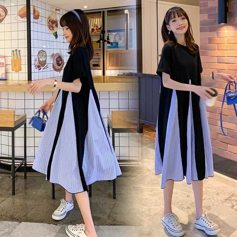 New summer wear, Korean style maternity wear, loose mid-length dress, stylish splicing skirt, 200 pounds puffy skirt D790